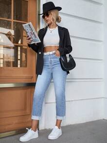 SHEIN PETITE Women's Outdoor Fashion Versatile Wide Leg Cuffed Hem Blue Denim Jeans - Light Wash - View 6