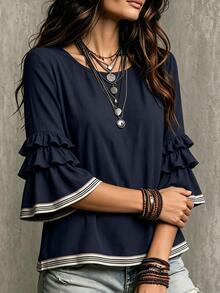 Glimmora Blus Wanita Musim Panas/Gugur Terbaru, Model French Casual, Longgar, Berkerut, Lengan 3/4 Mengembang, Warna Blok, Gaya Prancis, Lengan 3/4. - Navy Blue - View 4