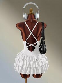 Amplova Ruffle Trim Backless Spaghetti Strap Sports Romper - White - View 2