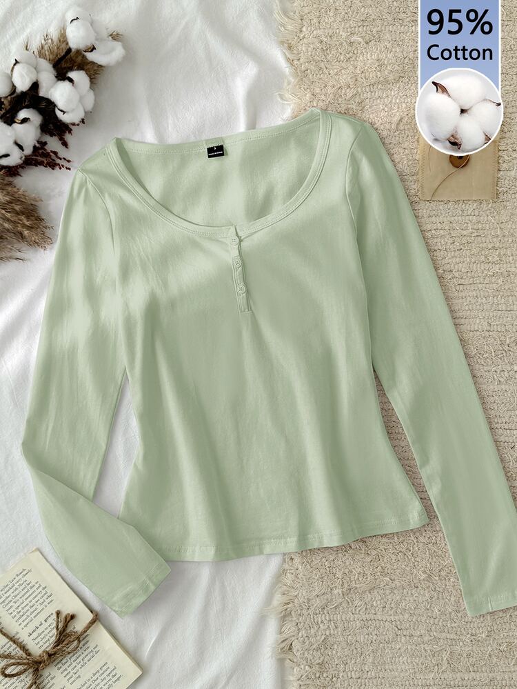 Tseoso Women's New Cotton-Feel Light Green 95% Cotton Half-Button T-Shirt, Versatile For All Seasons, Suitable For Home Wear In Autumn/Winter - Green - View 1