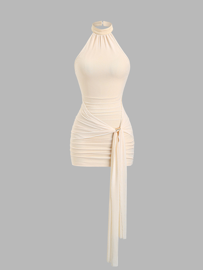 SHEIN PETITE Women's Elegant Fitted Romantic Pleated Spaghetti Strap Knit Dress