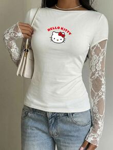 CovetEZ HELLO KITTY AND FRIENDS | SHEIN 95%棉夏季休閒黑色針織蕾絲拼接2合1女款長袖上衣，聯名款，適合外出、街頭穿搭、機場造型、時尚、返校、Y2K、派對、海灘度假、假期 - 白色 - 查看 7