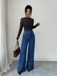 Elenzga Celana Jeans Denim Wanita Model Lebar, Longgar, Kasual, Serbaguna dengan Kantong - Dark Wash - View 3