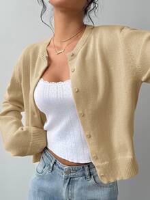 SHEIN BASICS 女款休閒純色圓領長袖寬鬆短版黑色針織開襟外套 冬季外套 - 卡其色 - 查看 6