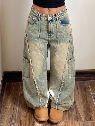 StreetHx Fashionable Casual Street Style Deconstructed Raw Hem Low Waist Denim Curved Leg Jeans