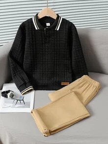 Boys' Spring/Autumn Knit Jacquard Polo Shirt + Solid Color Long Pants 2-Piece Set, Suitable For Daily Wear And Sports, Simple And Elegant Design, Comfortable And Fashionable; Essential Outfit For Teenagers In Spring/Autumn - Multicolor - View 1