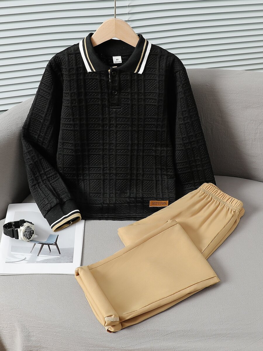 Boys' Spring/Autumn Knit Jacquard Polo Shirt + Solid Color Long Pants 2-Piece Set, Suitable For Daily Wear And Sports, Simple And Elegant Design, Comfortable And Fashionable; Essential Outfit For Teenagers In Spring/Autumn - Multicolor - View 1