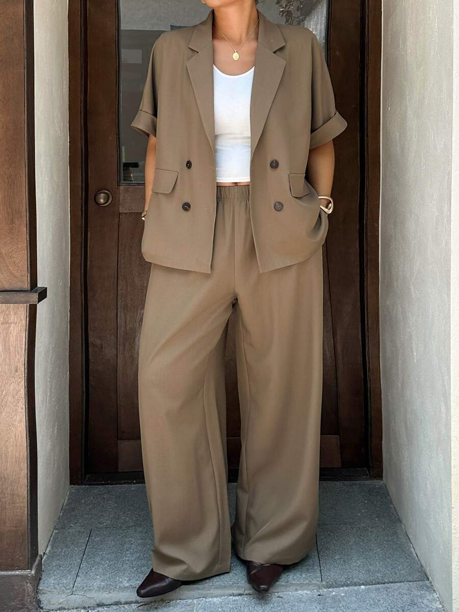 Dazy Plus Setelan Blazer dan Celana Panjang Wanita Ukuran Besar Warna Polos dengan Belahan Belakang dan Pita, Gaya Baru Awal Musim Gugur - Khaki - View 1
