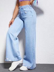 Jeanoix Petite Celana Panjang Wanita Gaya Y2K untuk Aktivitas Luar Ruangan, Model Petite, Warna Biru, Potongan Lebar, Cocok untuk Semua Musim, dengan Detail Usang dan Potongan Rapi. - Light Wash - View 4