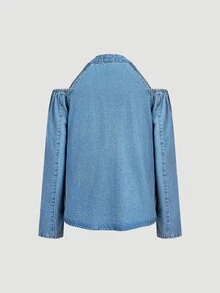 Balvessa Women's Off-Shoulder Long Sleeve Fashion Halter Neck Denim Top - Blue - View 6