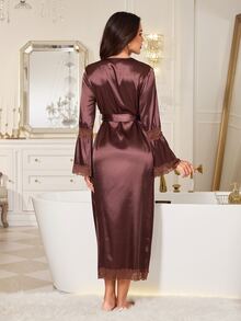 LuxeNights Satin Glossy Lace Trim Elegant Minimalist Tie-Front Women's Loungewear Robe - Brown - View 3