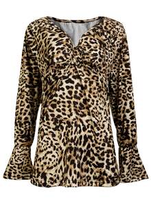 SHEIN Plus Size Women's V-Neck Leopard Print Twisted Ruched Casual Everyday T-Shirt - Multicolor - View 3