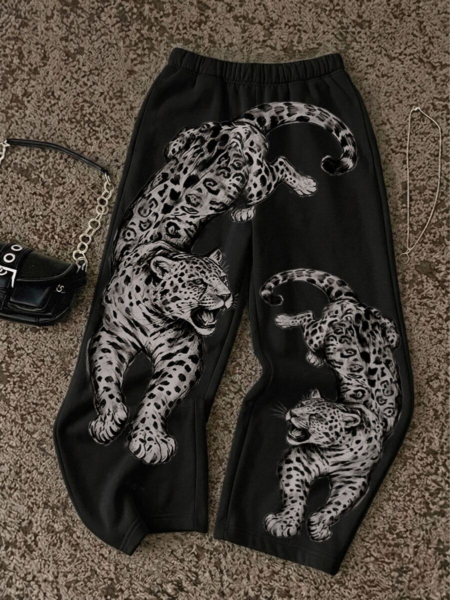 SHEIN EZwear 女款休閒低腰直筒運動長褲，復古虎紋印花，適合春夏秋冬 - 彩色 - 查看 1