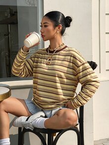 Muchica 女款條紋針織圓領長袖休閒T恤 - 黃色 - 查看 6