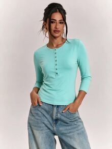 SHEIN BAE Women's Solid Color Button Half-Placket 3/4 Sleeve Casual Top Fall Clothes For Women ,Summer, Winter Clothes - Mint Blue - View 1