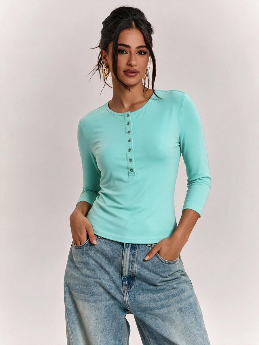 SHEIN BAE Women's Solid Color Button Half-Placket 3/4 Sleeve Casual Top Fall Clothes For Women ,Summer, Winter Clothes - Mint Blue - View 1