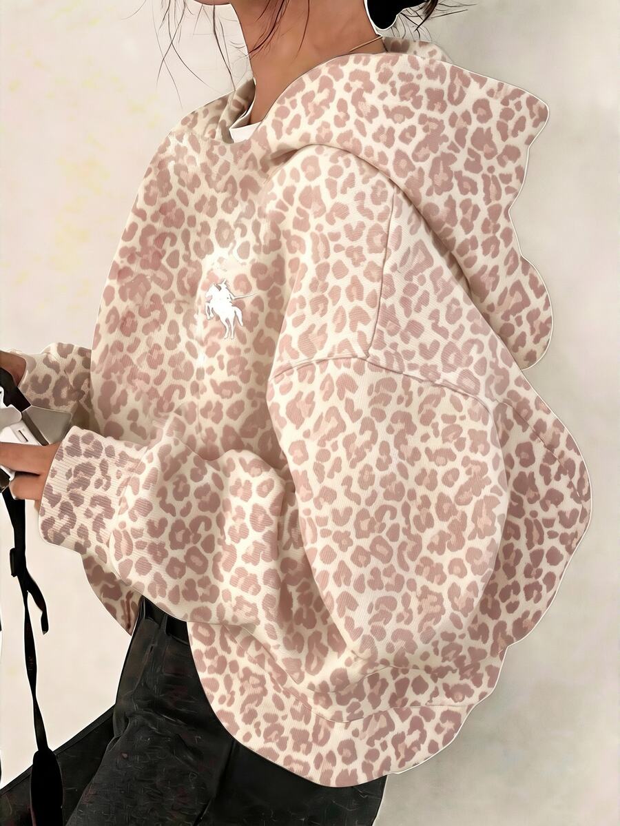 SHEIN 復古甜美學院風豹紋騎士馬圖案,青少年女孩休閒長袖連帽衛衣,適合秋冬戶外野餐、出遊、街頭風、校園、休閒、開學季、Y2K、韓系、隨性 - 白色 - 查看 1