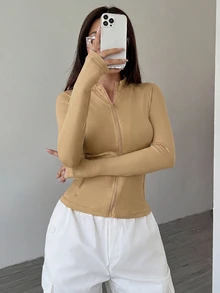 SHEIN Unity 女款春夏/秋冬純色前拉鍊長袖極簡休閒夾克 - 咖啡棕 - 查看 7