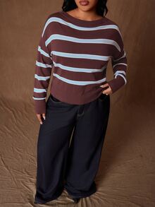 Rustia Plus Size Autumn/Winter Casual Colorblock Striped Sweater - Multicolor - View 8