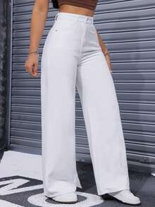 SHEIN PETITE White High-Waist Straight Leg Denim Jeans - White - View 5