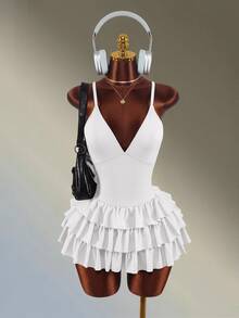 Amplova Ruffle Trim Backless Spaghetti Strap Sports Romper - White - View 1