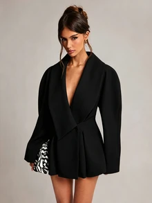 SHEIN BAE 女款純色大翻領長袖優雅西裝外套 - 黑色 - 查看 5