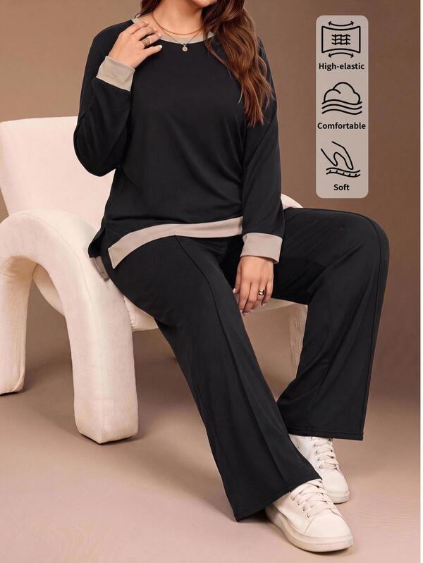 SHEIN BASICS Plus Size Women's Colorblock Crew Neck Long Sleeve Sweatshirt And Pants Casual Set