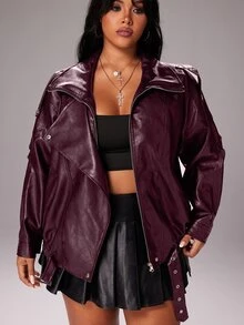 Rustia Plus Size Premium Street Style Cool Autumn New Loose Fit Versatile Fashion Motorcycle Leather Jacket - Red Violet - View 7