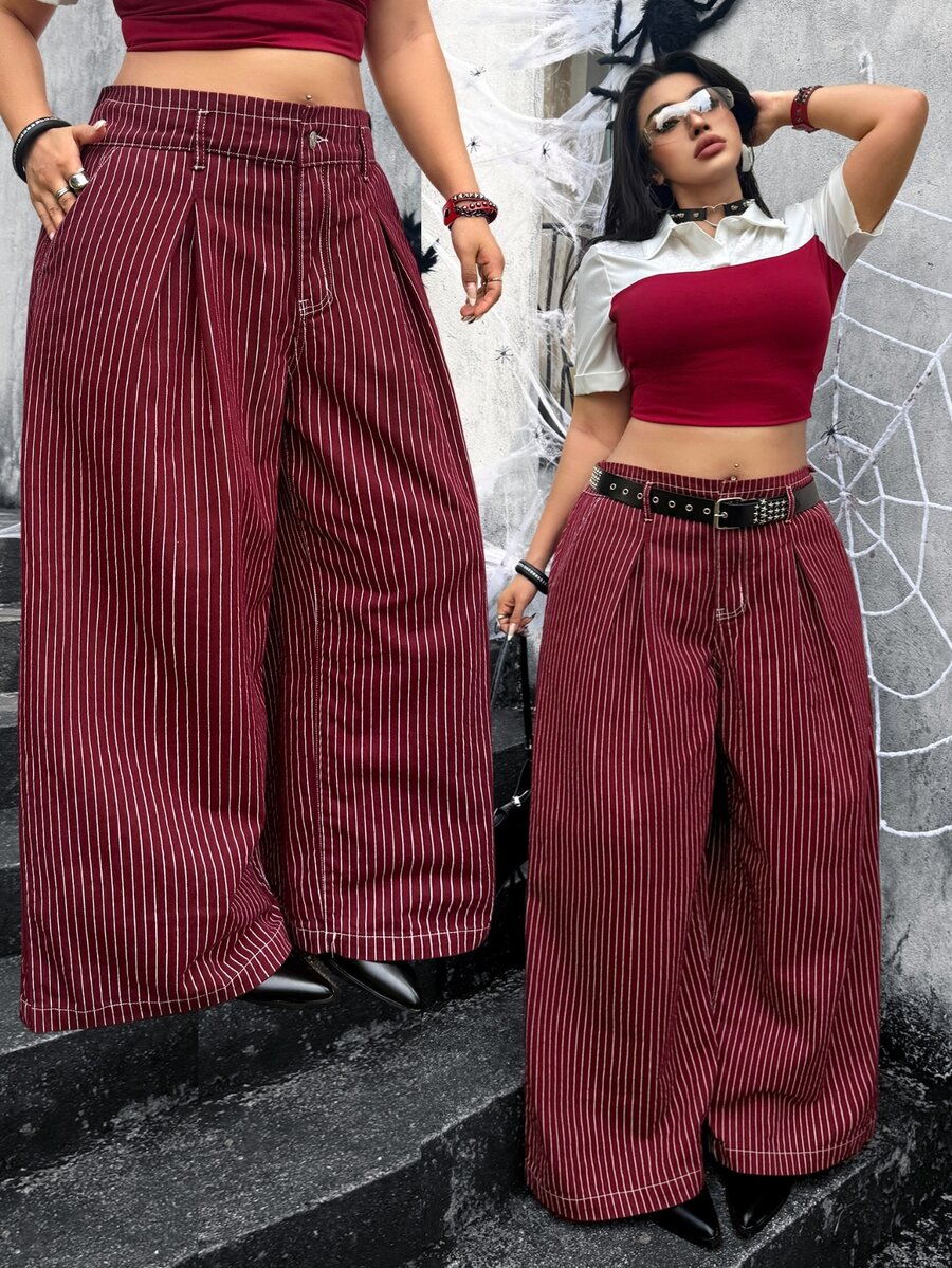 Jeanoix Y2K Plus Size Women Non-Stretch Denim Straight Leg Pants Burgundy Striped Design Straight Leg Long Pants Cowboy Outfits For Women - Red - View 1