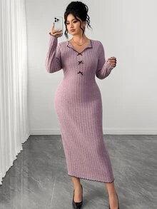 SHEIN Elenzya Plus Size Sexy Elegant Knit Bodycon Ribbed Long Sleeve Bow Collar Contrast Color Dress Fall - Pink - View 1