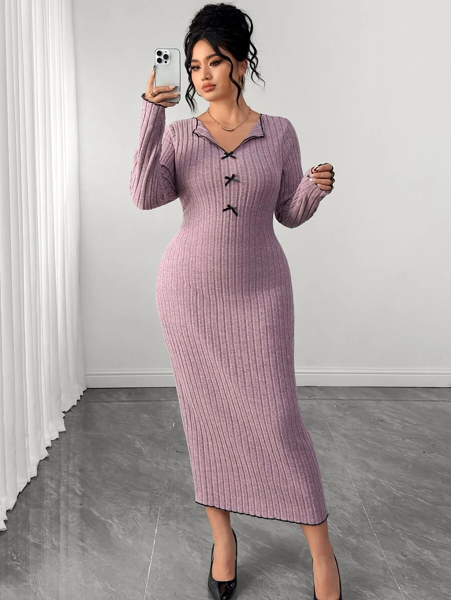 SHEIN Elenzya Plus Size Sexy Elegant Knit Bodycon Ribbed Long Sleeve Bow Collar Contrast Color Dress Fall - Pink - View 1
