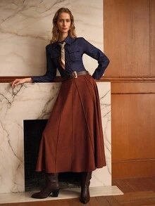 MOTF PREMIUM WOMEN'S SOLID COLOR SUEDE LONG SKIRT WITH BELT - Brown - View 7