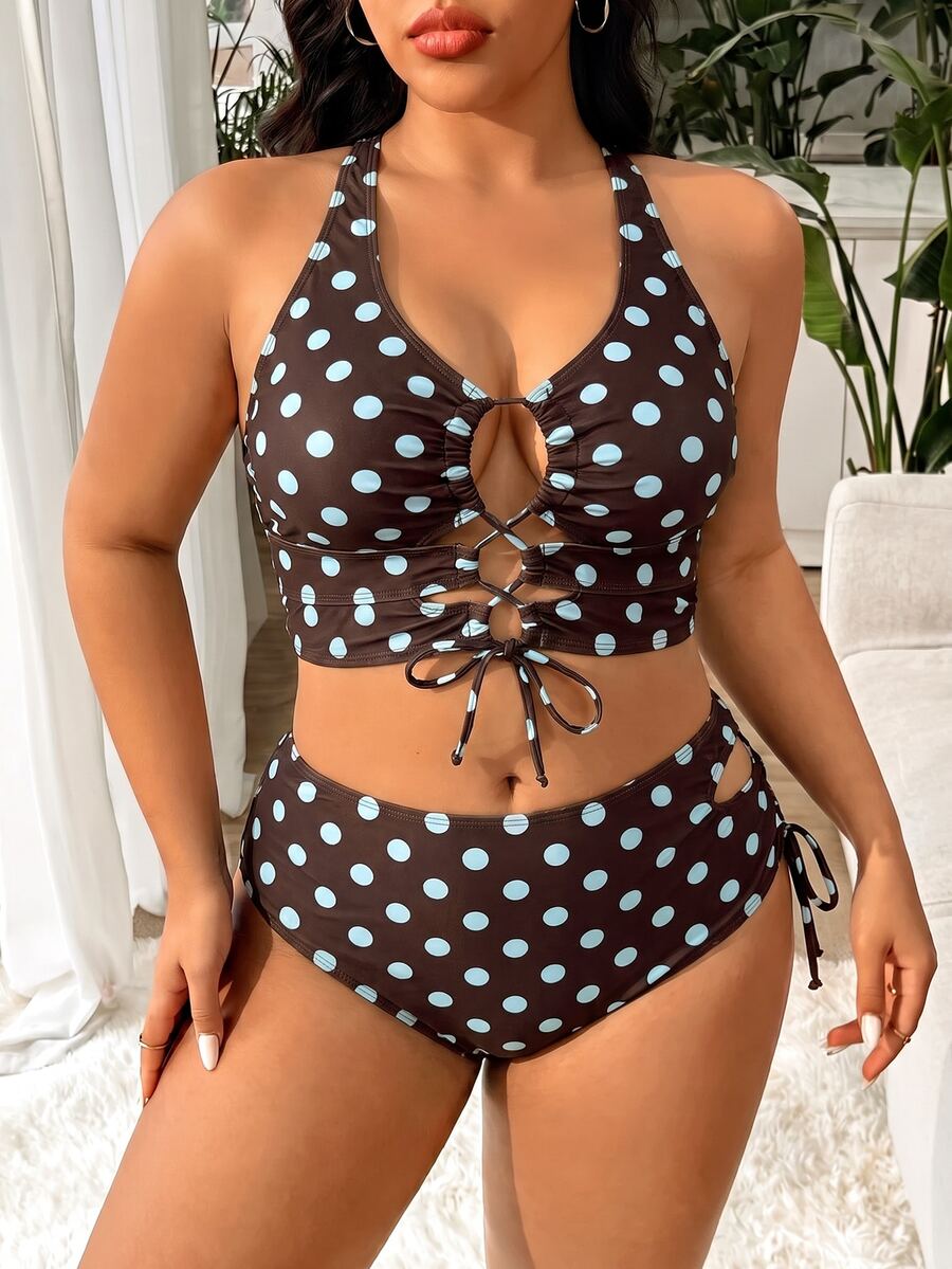 SHEIN Swim 大尺碼女款夏季海灘波點印花掛脖繫帶性感時尚比基尼兩件式泳衣套裝 - 彩色 - 查看 1