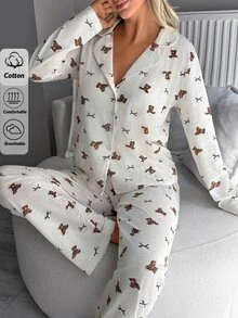 SHEIN Teddy Bear & Bow Print Button Front Casual Pajama Set - Multicolor - View 6
