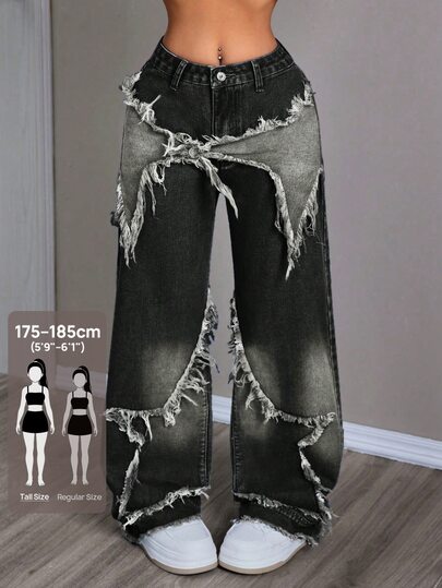 SHEIN Tall بنطلون جينز نسائي بقصة طويلة وحافة مهترئة وغسيل بنمط نجوم