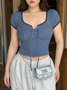 Dazy Plus Kaos Lengan Pendek Model Crop dengan Pinggang Berkerut Kasual untuk Anak Perempuan, Musim Semi, Musim Panas, dan Musim Gugur - Dusty Blue - View 5