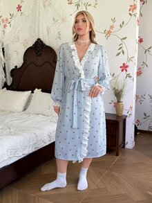 CottageSlumber Plus Size Women's Blue Plaid Cherry Print Open Front Lace Trim Lantern Sleeve Comfortable Draped Woven Bubble Crinkle Pastoral Romantic Waist Tie Long Sleeve Robe Bathrobe - Blue - View 4