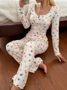 CottageSlumber Women's Pastoral Fruit Print Lace Collar Long Sleeve Long Pants Pajama Set - Apricot - View 4