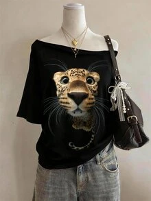 Lalippa Leopard Print Digital Printed Fashion Minimalist Women's Crew Neck T-Shirt, Gift For Friends - Black - View 1