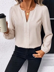 SHEIN LUNE 女款條紋休閒日常穿著襯衫 - 卡其色 - 查看 5