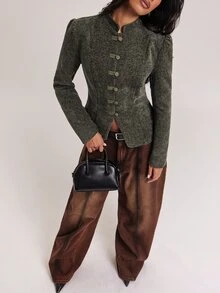 SHEIN BAE Jaket Blazer Wanita Kasual Serbaguna untuk Perjalanan dan Komuter - Coklat - View 5