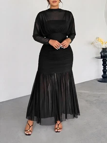 Firerie Plus Size Women Solid Color Pleated Casual Party Dress Fall - Black - View 6