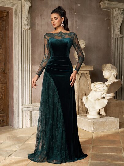 Aureia Women's Dark Green Velvet Lace Evening Gown, Illusion Long Sleeves, Ruched Waist, Floor-Length A-Line Formal Dress For Wedding, Gala, Cocktail Party