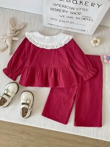 SHEIN Playful Pals 女嬰甜美娃娃刺繡領前扣蝴蝶結寬鬆下擺鬆緊腰直筒長褲長袖套裝 秋季 - 酒紅色 - 查看 2