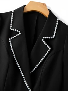 Selianne Women's Black Blazer With Lapel, Puff Sleeves, Cinched Waist, Pearl Buttons, Ruffle Hem, Heavy Beading, Elegant Commuter Design, Romantic Fashion - Black - View 7