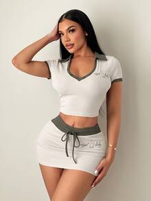 SHEIN SXY 女款字母印花短袖T恤與腰部綁帶緊身裙兩件套 - 彩色 - 查看 5
