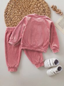 SHEIN 新生兒粉色天鵝絨公主運動衫與慢跑褲套裝，柔軟舒適兩件式套裝 - 粉色 - 查看 2