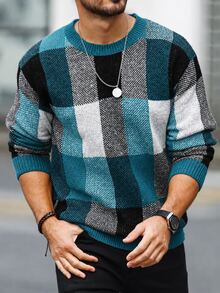 Manfinity Mode Men's Colorblock Casual Versatile Daily Wear Long Sleeve Sweater - Teal Blue - View 1