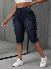 SHEIN CURVE+ Plus Size Cowgirl Outfit Blue Stretch Denim Cargo Pocket Sexy Tight Capris - Dark Wash - View 5