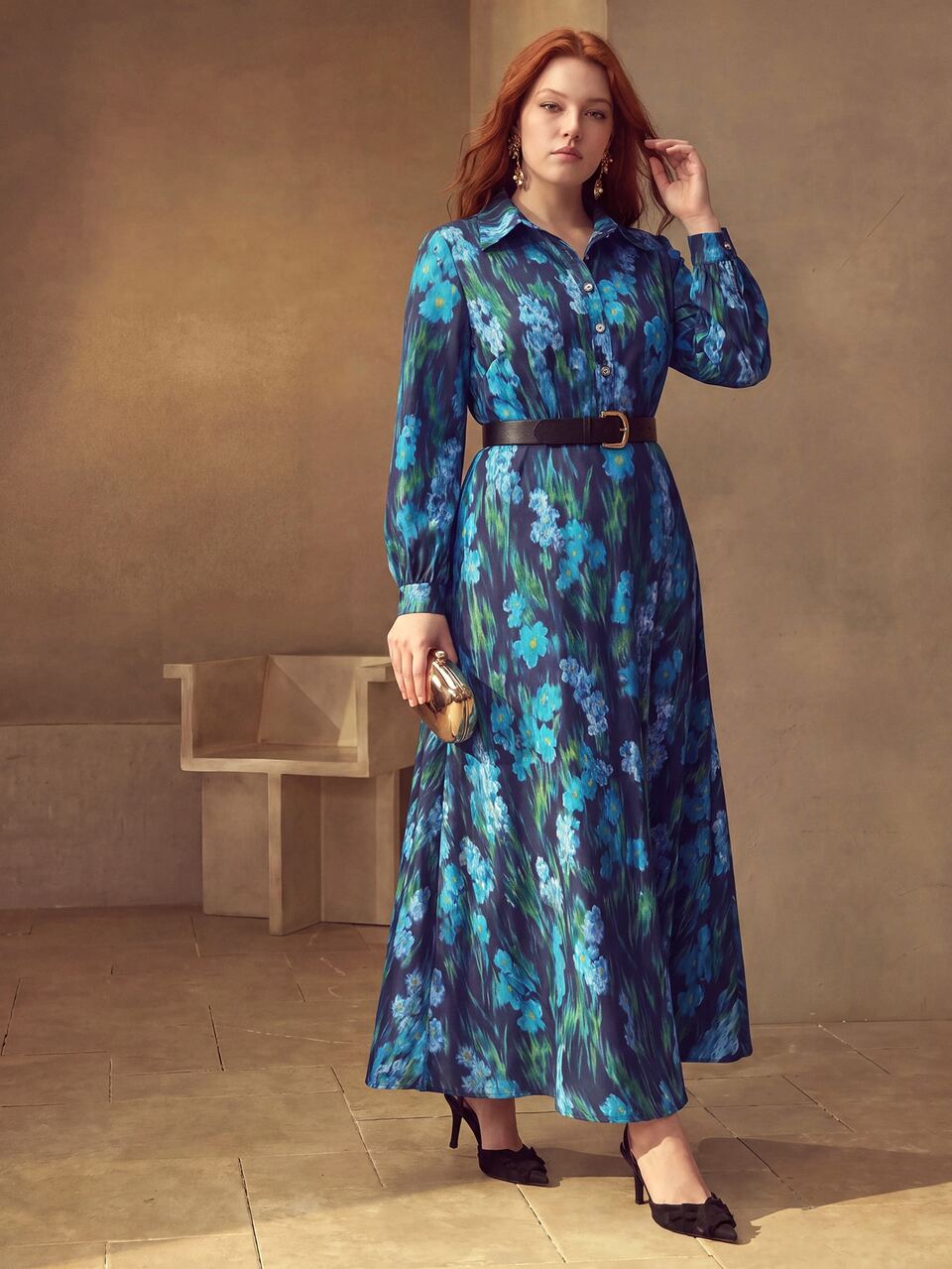 MOTF PLUS SIZE WOMEN'S ALL-OVER FLORAL PRINT SHIRT DRESS WITH BELT
